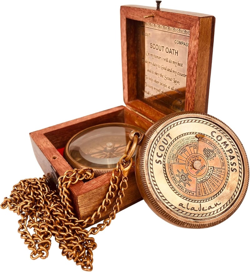 ALADEAN Scout Compass Gift Boys - Engraved Scout Oath Compass in wood Box Scout Always Prepared Camping Orienteering Compass, Hiking Backpacking Compass gift, 50 year calander - Image 1